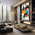 Quadro Decorativo Diálogo Vibrante do Casal | quadros decorativos premium | Colagem moderna com fotografias preto e branco, formas geométricas azuis, laranja e círculo amarelo em composição vertical. | em ambiente 4 | Porao dos Quadros
