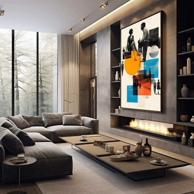 Quadro Decorativo Diálogo Vibrante do Casal | quadros decorativos premium | Colagem moderna com fotografias preto e branco, formas geométricas azuis, laranja e círculo amarelo em composição vertical. | em ambiente 4 | Porao dos Quadros