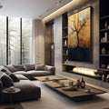 Quadro Decorativo Tronco de Esperança | quadros decorativos premium | Árvore seca com raízes profundas em tons de dourado e preto sobre fundo texturizado. | em ambiente 4 | Porao dos Quadros
