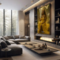 Quadro Decorativo Orixá Oxum: Serenidade e Luz | quadros decorativos premium | Rainha majestosa em ouro e amarelo com coroa, espelho e pombas brancas em ambiente sagrado dourado. | em ambiente 4 | Porao dos Quadros