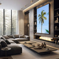 Quadro Decorativo Palma Serena | quadros decorativos premium | Palmeira tropical esbelta contra céu azul claro em composição fotográfica luminosa e refinada | em ambiente 4 | Porao dos Quadros