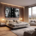 Quadro Decorativo: Força e Serenidade | quadros decorativos premium | Leão majestoso e rosto humano em preto e branco com painel geométrico centralizado | em ambiente 4 | Porao dos Quadros