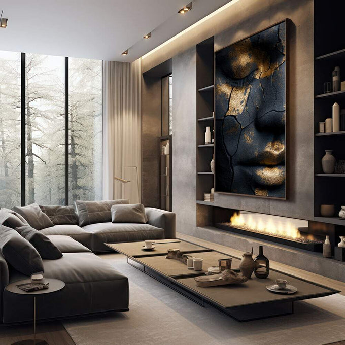 Quadro Decorativo Face Abstrata Dourada | quadros decorativos premium | Rosto texturizado em preto e dourado com efeito craquelado e detalhes luminosos | em ambiente 4 | Porao dos Quadros