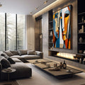 Quadro Decorativo Conexão Geométrica | quadros decorativos premium | Dois rostos abstratos fragmentados em blocos geométricos de azul, laranja, amarelo e bege em composição contemporânea. | em ambiente 4 | Porao dos Quadros