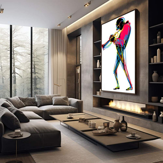 Quadro Decorativo Músico Vibrante | quadros decorativos premium | Músico tocando trompete em silhueta neon com cores vibrantes amarelo, azul, rosa e verde | em ambiente 4 | Porao dos Quadros