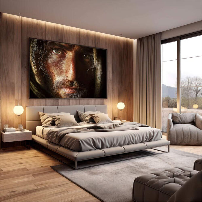 Quadro Decorativo Olhar Profundo | quadros decorativos premium | Retrato masculino fotorrealista com iluminação dourada e fundo preto, composição monumental vertical | em ambiente 4 | Porao dos Quadros