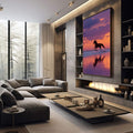 Quadro Decorativo Cavalos ao Entardecer | quadros decorativos premium | Cavalo em silhueta galopando na praia ao entardecer com reflexo perfeito na água molhada | em ambiente 4 | Porao dos Quadros