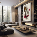 Quadro Busto Dourado - Elegância Clássica Moderna | quadros decorativos premium | Busto clássico com máscara dourada, triângulos geométricos em bordô e linhas abstratas em composição vertical refinada. | em ambiente 4 | Porao dos Quadros