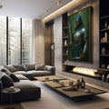 Quadro Decorativo Orixá Ogum: Poder e Proteção | quadros decorativos premium | Guerreiro em armadura azul brilhante com turbante azul segurando espada em floresta verde. | em ambiente 4 | Porao dos Quadros
