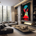 Quadro Decorativo Majestade Azul: Egípcio Moderno | quadros decorativos premium | Rainha egípcia com coroa dourada em azul e vermelho vibrante com geometria neon contemporânea | em ambiente 4 | Porao dos Quadros