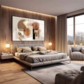 Quadro Decorativo Abstract Harmony Sophisticated | quadros decorativos premium | Composição abstrata com círculos e formas geométricas em tons bege, terracota e preto em harmonia visual. | em ambiente 4 | Porao dos Quadros