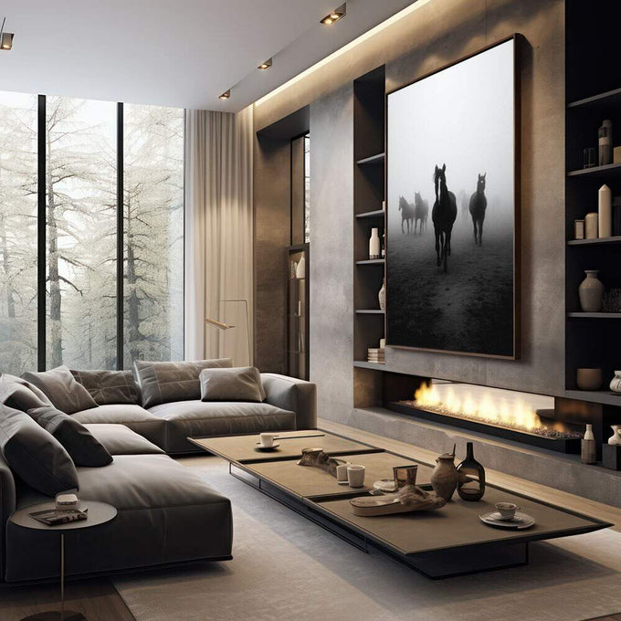 Quadro Decorativo Sofisticado Cavalos em Neblina | quadros decorativos premium | Cavalos em névoa em preto e branco com atmosfera cinematográfica e profundidade | em ambiente 4 | Porao dos Quadros