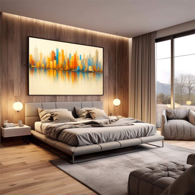 Quadro Decorativo Horizon Urbano | quadros decorativos premium | Skyline abstrato com torres em dourado, laranja e azul com reflexo aquoso perfeito | em ambiente 4 | Porao dos Quadros