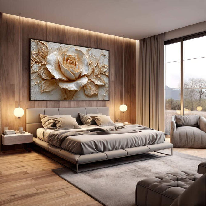 Quadro Decorativo Rosa Elegante | quadros decorativos premium | Rosa branca e dourada em relevo texturizado com detalhes botânicos volumétricos | em ambiente 4 | Porao dos Quadros
