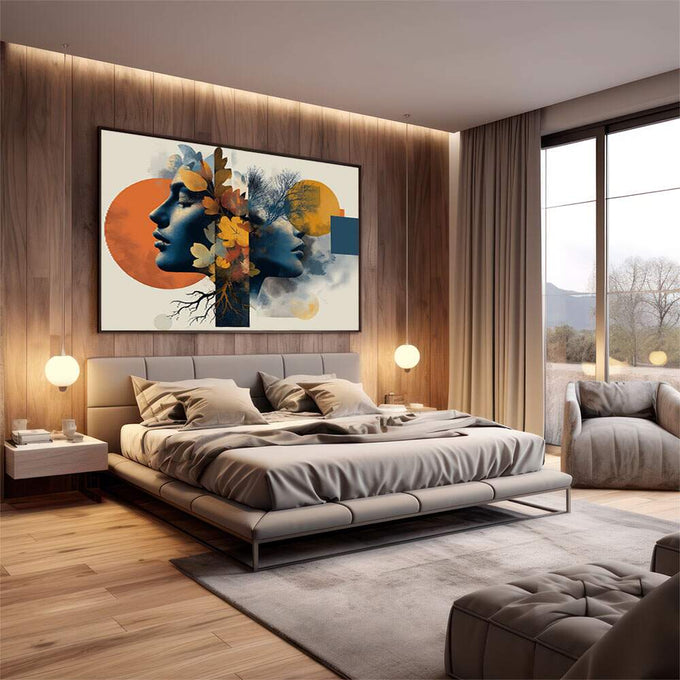 Quadro Decorativo Minimalista da Natureza Harmônica | quadros decorativos premium | Dois perfis entrelaçados com flores douradas, árvores e raízes em tons laranja, azul e terrosos | em ambiente 4 | Porao dos Quadros