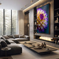 Quadro Decorativo Flor Exuberante Amarelo e Roxo | quadros decorativos premium | Dália roxa e amarela em aquarela com pétalas detalhadas e luz natural. | em ambiente 4 | Porao dos Quadros