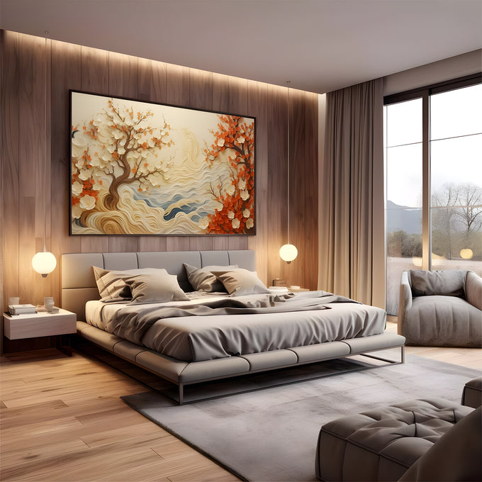 Árvores floridas em relevo com flores brancas e laranja e ondas creme e azuis, quadro decorativo