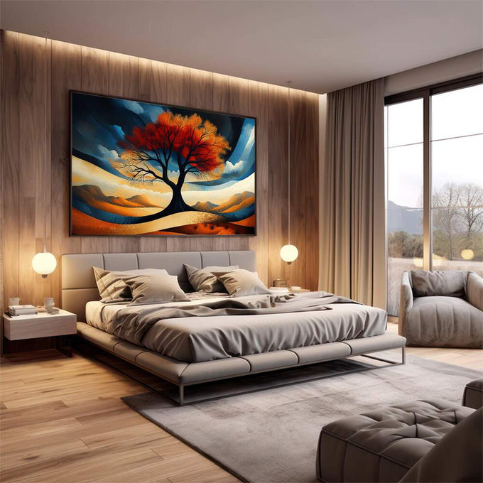 Quadro Decorativo Árvore do Entardecer | quadros decorativos premium | Árvore de copa vermelha e alaranjada em paisagem desértica com tons azuis e ocre, composição surrealista e dinâmica. | em ambiente 4 | Porao dos Quadros