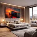 Quadro Decorativo Carro e Pôr do Sol | quadros decorativos premium | Porsche vermelho ao pôr do sol na praia com reflexos em água molhada | em ambiente 4 | Porao dos Quadros