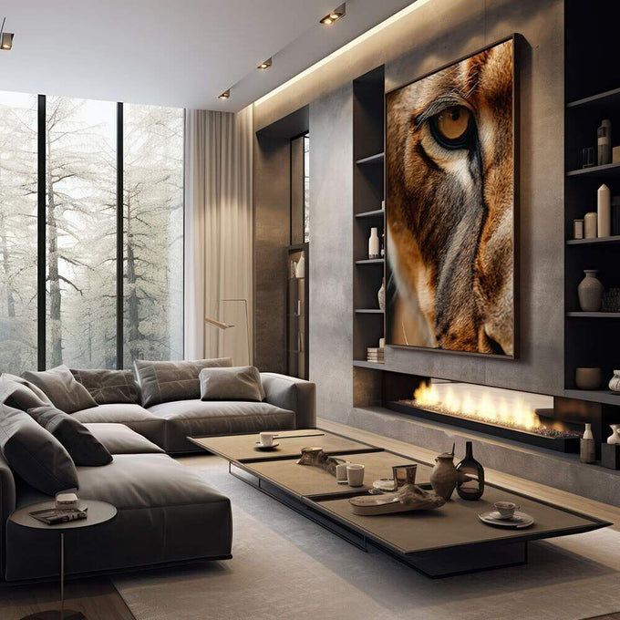 Quadro Decorativo Majestade do Leão | quadros decorativos premium | Olho de coruja com penas marrom, branco e dourado em detalhes realistas e texturizados. | em ambiente 4 | Porao dos Quadros