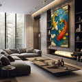 Quadro Decorativo Peixes Koi em Movimento | quadros decorativos premium | Duas carpas em dourado e vermelho nadam em águas azul profundo com nuvens douradas molduando a cena | em ambiente 4 | Porao dos Quadros