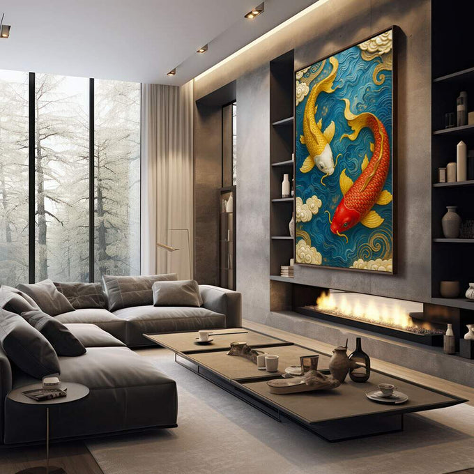 Quadro Decorativo Peixes Koi em Movimento | quadros decorativos premium | Duas carpas em dourado e vermelho nadam em águas azul profundo com nuvens douradas molduando a cena | em ambiente 4 | Porao dos Quadros
