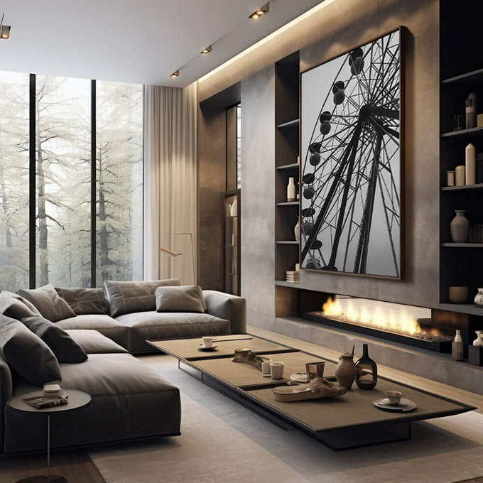 Quadro Decorativo Roda-Gigante Elegante | quadros decorativos premium | Roda gigante em silhueta preta com estrutura geométrica contra fundo branco | em ambiente 4 | Porao dos Quadros