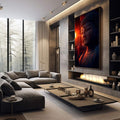 Quadro Decorativo Buda Sereno Refletindo | quadros decorativos premium | Buda iluminado em tons vermelhos e dourados com luz contemplativa e presença sagrada | em ambiente 4 | Porao dos Quadros