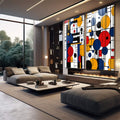 Quadro Decorativo Abstrato Geométrico - Energia e Harmonia para Seu Espaço | quadros decorativos premium | Dois painéis abstratos com círculos vibrantes em azul, vermelho e amarelo sobre grid geométrico preto e branco | em ambiente 4 | Porao dos Quadros