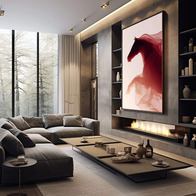 Quadro Decorativo Cavalo Elegante em Vermelho | quadros decorativos premium | Cavalo em aquarela vermelha com silhueta translúcida em tons bege e creme. | em ambiente 4 | Porao dos Quadros
