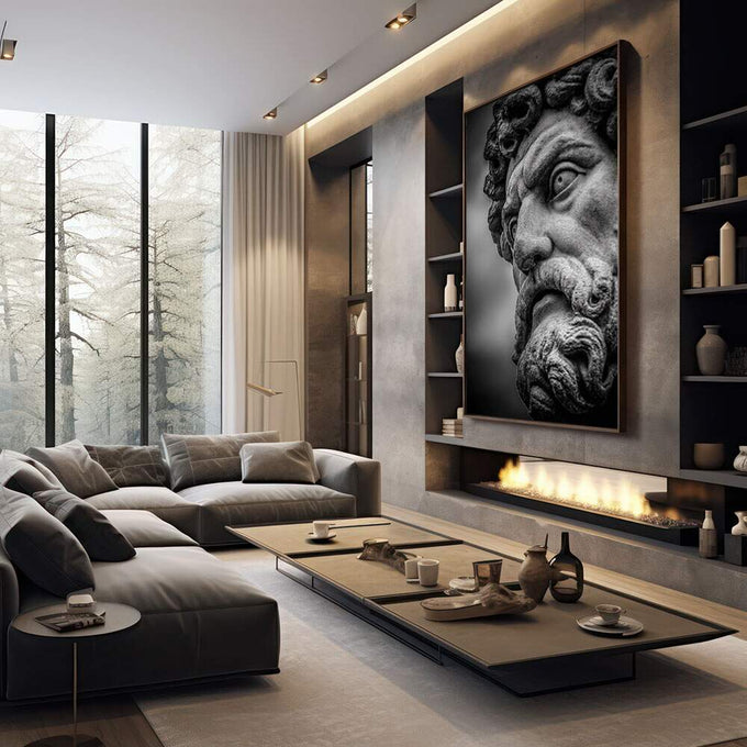 Quadro Decorativo Busto Clássico Preto e Branco | quadros decorativos premium | Busto clássico em preto e branco com detalhes de barba encaracolada e feições nobres em iluminação teatral. | em ambiente 4 | Porao dos Quadros