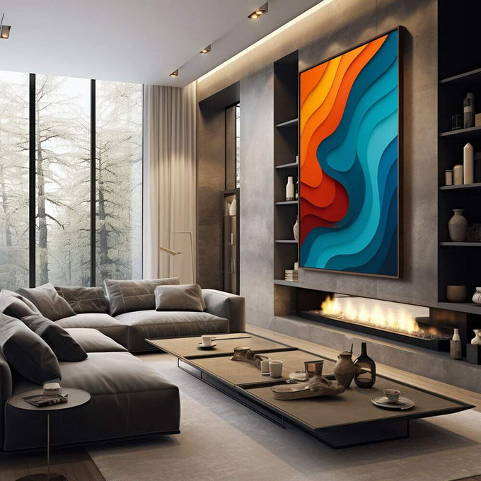 Quadro Decorativo Abstrato Vibrante | quadros decorativos premium | Ondas abstratas em papel recortado laranja, vermelho e azul turquesa em composição fluida e dinâmica. | em ambiente 4 | Porao dos Quadros