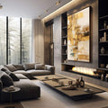 Quadro Decorativo Brilho em Abstrato | quadros decorativos premium | Pintura abstrata vertical com camadas de dourado, bege e tons terrosos em composição fluida | em ambiente 4 | Porao dos Quadros