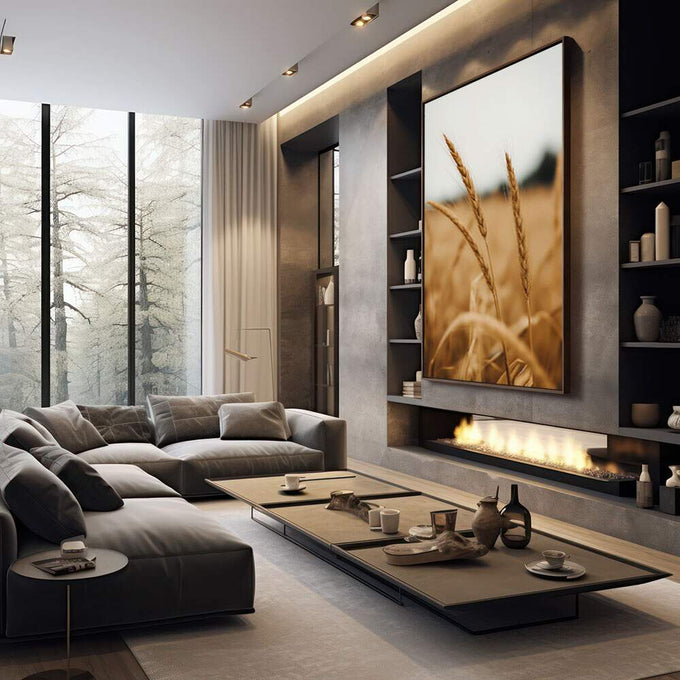 Quadro Decorativo Serenidade Natural | quadros decorativos premium | Espiguetas de trigo douradas em primeiro plano com campo desfocado em tons quentes | em ambiente 4 | Porao dos Quadros