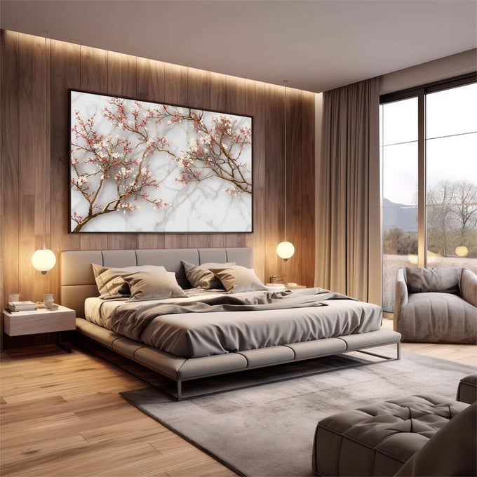 Quadro Decorativo - Elegância Floral em Mármore | quadros decorativos premium | Ramos de cerejeira em flor rosa e branca sobre fundo de mármore em tons bege e cinza | em ambiente 4 | Porao dos Quadros
