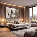 Quadro Decorativo Espiritual de Serenidade e Acolhimento | quadros decorativos premium | Figura religiosa em vestes claras com pomba branca ascendendo em tons bege e branco. | em ambiente 4 | Porao dos Quadros
