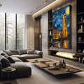 Quadro Decorativo Beleza Noturna | quadros decorativos premium | Big Ben iluminado sob céu azul noturno com espirais douradas e estrelas brilhantes. | em ambiente 4 | Porao dos Quadros