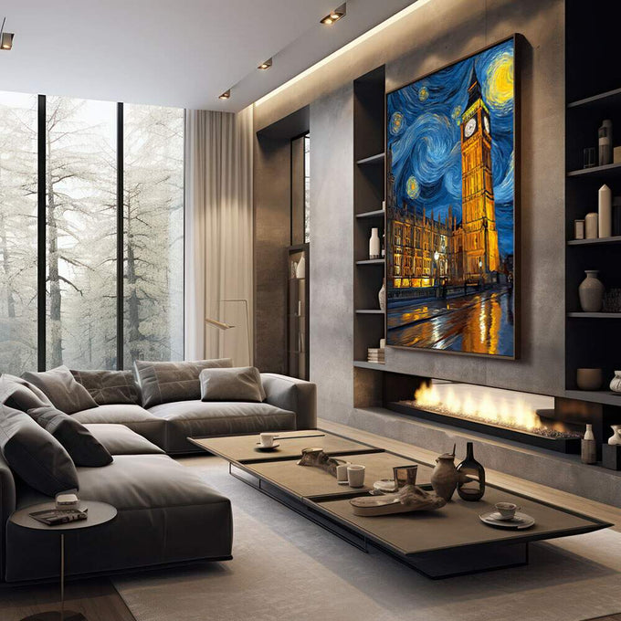 Quadro Decorativo Beleza Noturna | quadros decorativos premium | Big Ben iluminado sob céu azul noturno com espirais douradas e estrelas brilhantes. | em ambiente 4 | Porao dos Quadros