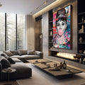 Quadro Decorativo Elegância em Preto e Branco | quadros decorativos premium | Mulher em preto e branco com chiclete rosa e frases coloridas em estilo pop art urbano | em ambiente 4 | Porao dos Quadros