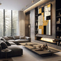 Quadro Decorativo Minimalista Dourado e Preto | quadros decorativos premium | Composição geométrica com blocos fragmentados em dourado, preto e bege com moldura dourada | em ambiente 4 | Porao dos Quadros