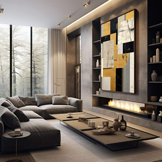 Quadro Decorativo Minimalista Dourado e Preto | quadros decorativos premium | Composição geométrica com blocos fragmentados em dourado, preto e bege com moldura dourada | em ambiente 4 | Porao dos Quadros