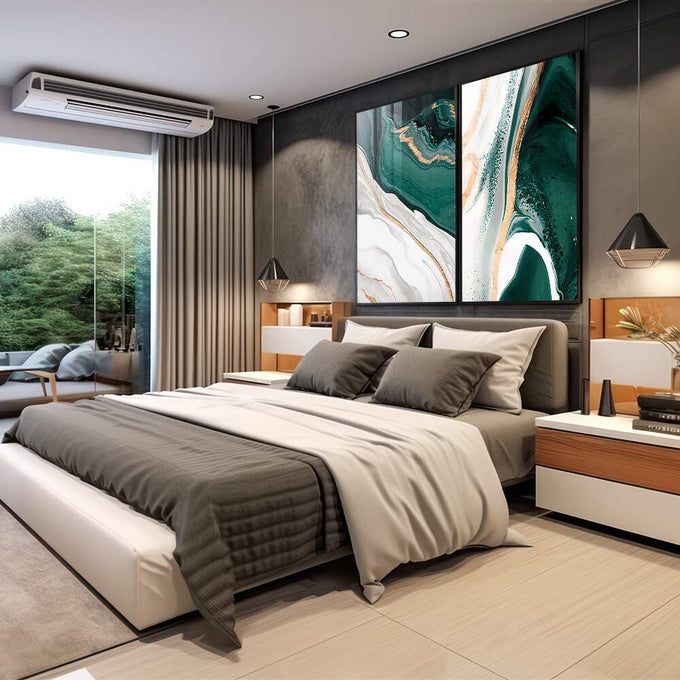 Quadro Decorativo Luxo em Mármore: Esmeralda e Dourado | quadros decorativos premium | Paisagem aérea com águas verdes esmeralda, areia clara e detalhes dourados em duas composições | em ambiente 4 | Porao dos Quadros