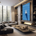 Quadro Decorativo Vela ao Vento | quadros decorativos premium | Veleiro branco navegando em mar de listras azuis e brancas abstratas | em ambiente 4 | Porao dos Quadros
