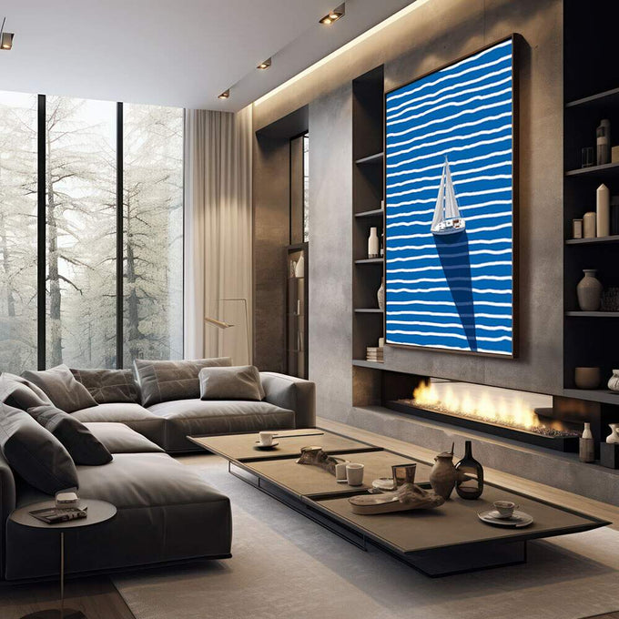 Quadro Decorativo Vela ao Vento | quadros decorativos premium | Veleiro branco navegando em mar de listras azuis e brancas abstratas | em ambiente 4 | Porao dos Quadros