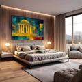 Templo grego com colunas e cúpula em amarelo sobre fundo azul geométrico com lua, quadro decorativo