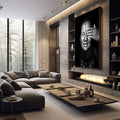 Quadro Decorativo Sabedoria em Preto e Branco | quadros decorativos premium | Retrato em preto e branco com mão cobrindo olhos e gesto expressivo de contemplação | em ambiente 4 | Porao dos Quadros