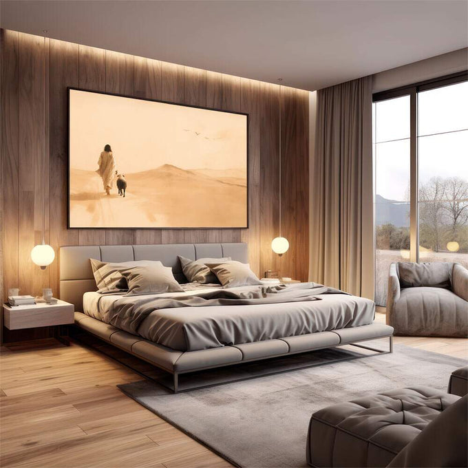 Quadro Decorativo Reflexões do Deserto | quadros decorativos premium | Mulher e cachorro caminhando no deserto em tons bege com luz quente e composição profunda | em ambiente 4 | Porao dos Quadros
