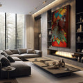 Quadro Decorativo Retrato Feminino Vibrante | quadros decorativos premium | Mulher africana em perfil com adornos coloridos, padrões geométricos e detalhes em dourado | em ambiente 4 | Porao dos Quadros