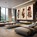 Quadro Decorativo Abstrato Terra & Folhagem | quadros decorativos premium | Composição abstrata com círculos terracota e formas geométricas em tons bege e creme em sobreposição. | em ambiente 4 | Porao dos Quadros
