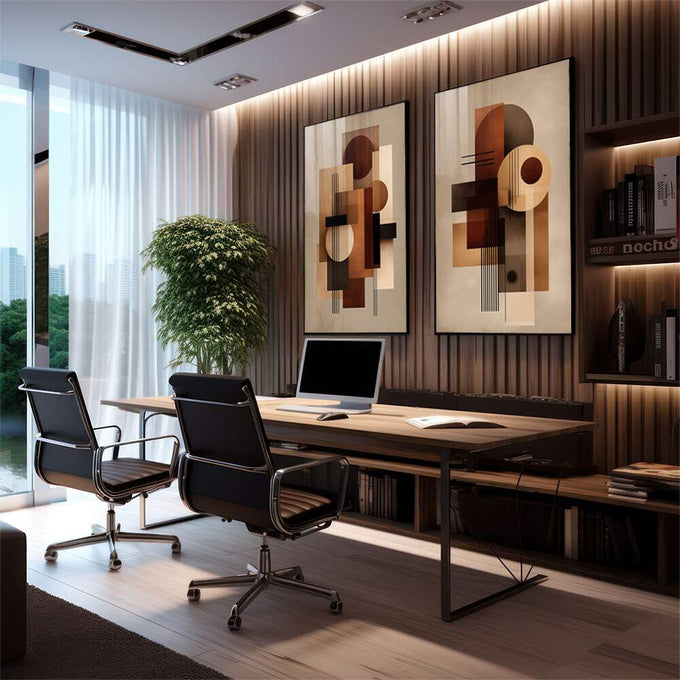 Quadro Decorativo Abstrato Aconchegante | quadros decorativos premium | Duas telas com abstratos geométricos em tons terracota, bege e marrom com círculos e linhas verticais. | em ambiente 4 | Porao dos Quadros